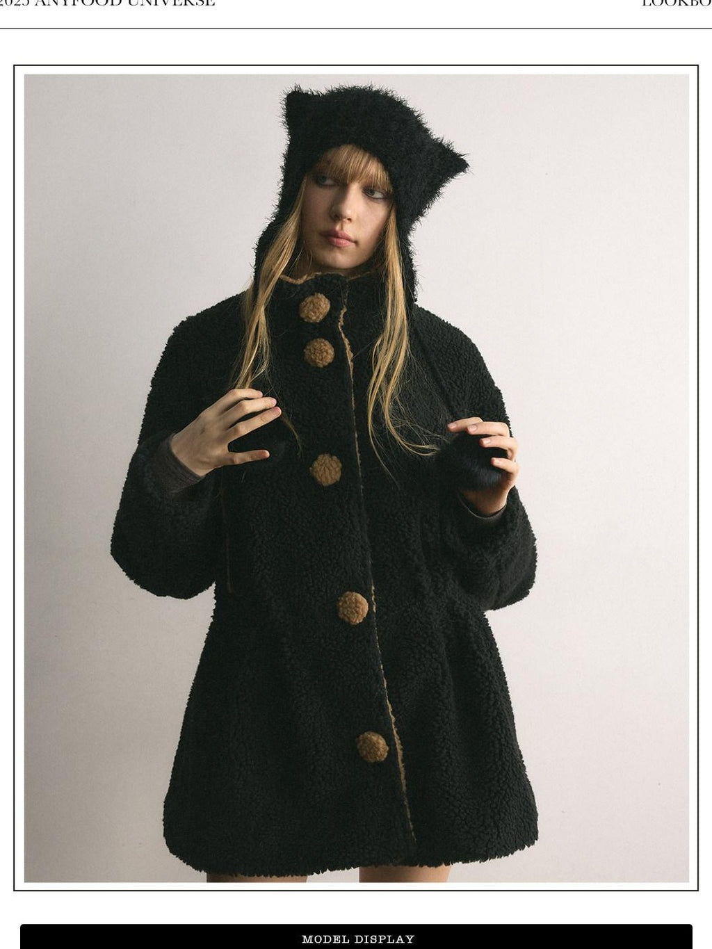 UNIVERSE Retro Plush Fleece Waist Cinch Stand Collar Women's Puffer Jackets