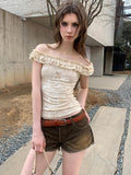 UNIVERSE Retro Polka Dot Ruffle Trim Straight Neck Slim Women's Cotton Blend Tank Tops