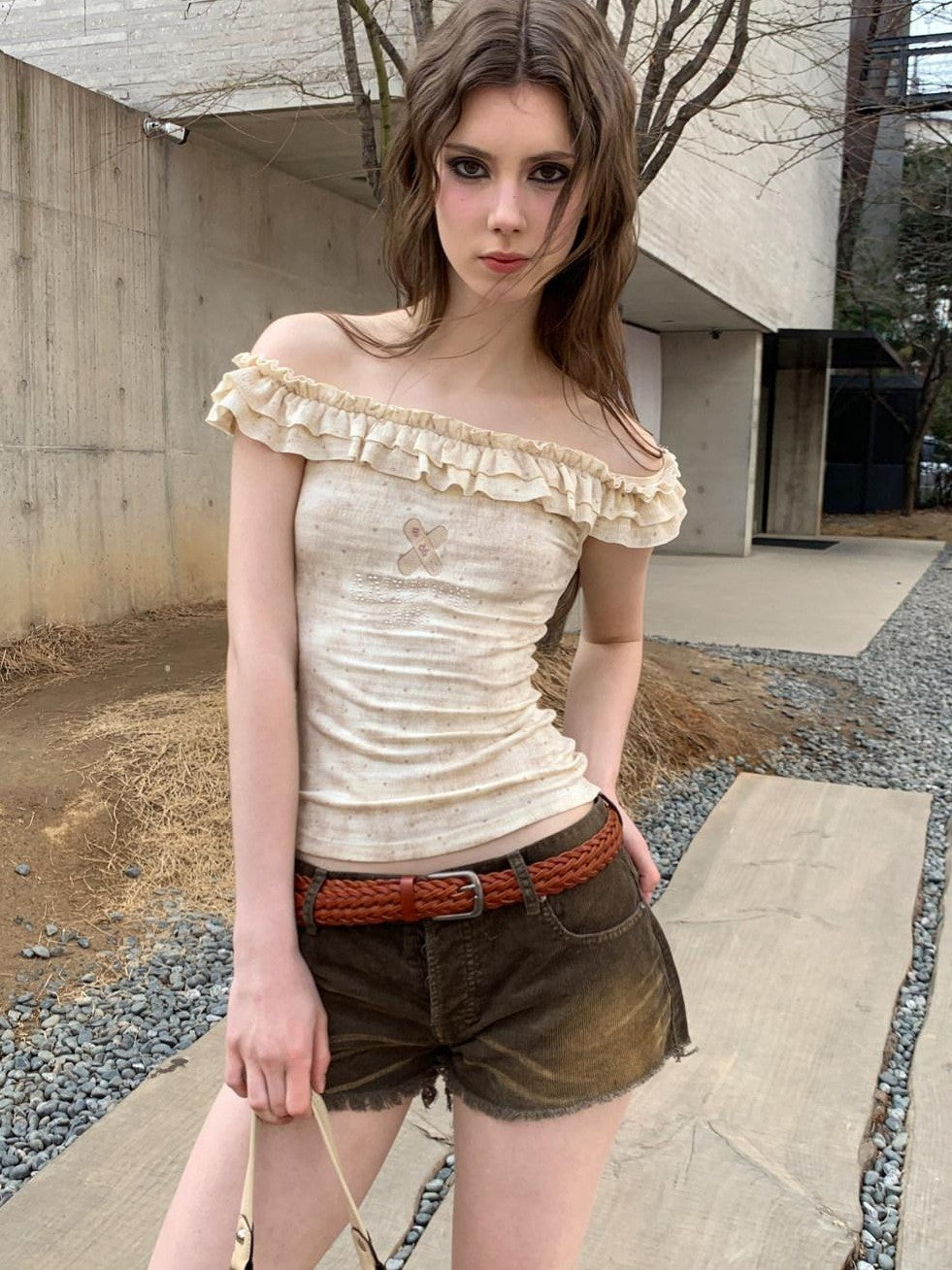 UNIVERSE Retro Polka Dot Ruffle Trim Straight Neck Slim Women's Cotton Blend Tank Tops