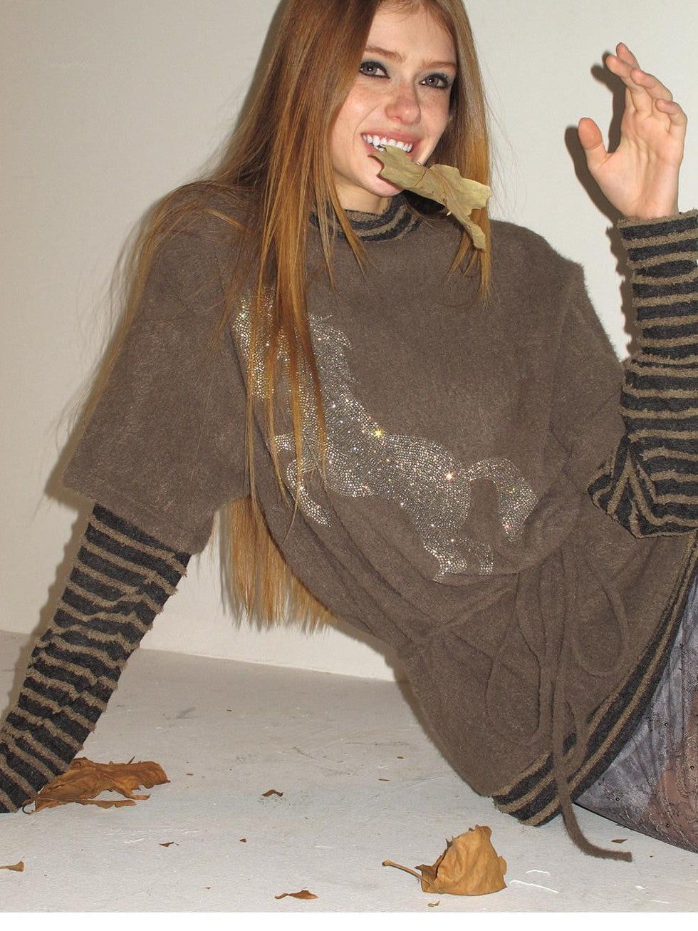 UNIVERSE Retro Pony Rhinestone Layered High Neck Women's Polyester Long Sleeve T-shirts