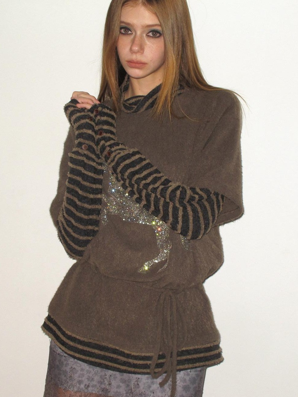 UNIVERSE Retro Pony Rhinestone Layered High Neck Women's Polyester Long Sleeve T-shirts
