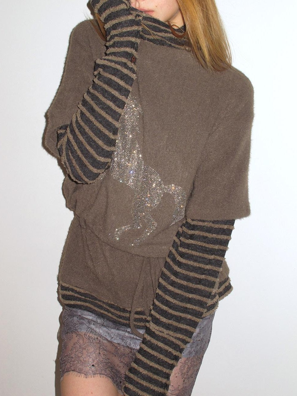 UNIVERSE Retro Pony Rhinestone Layered High Neck Women's Polyester Long Sleeve T-shirts