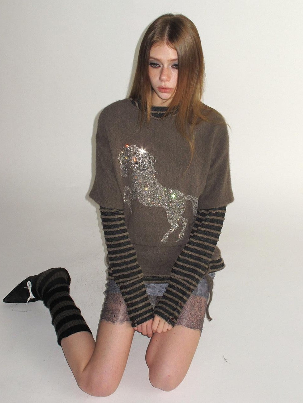 UNIVERSE Retro Pony Rhinestone Layered High Neck Women's Polyester Long Sleeve T-shirts