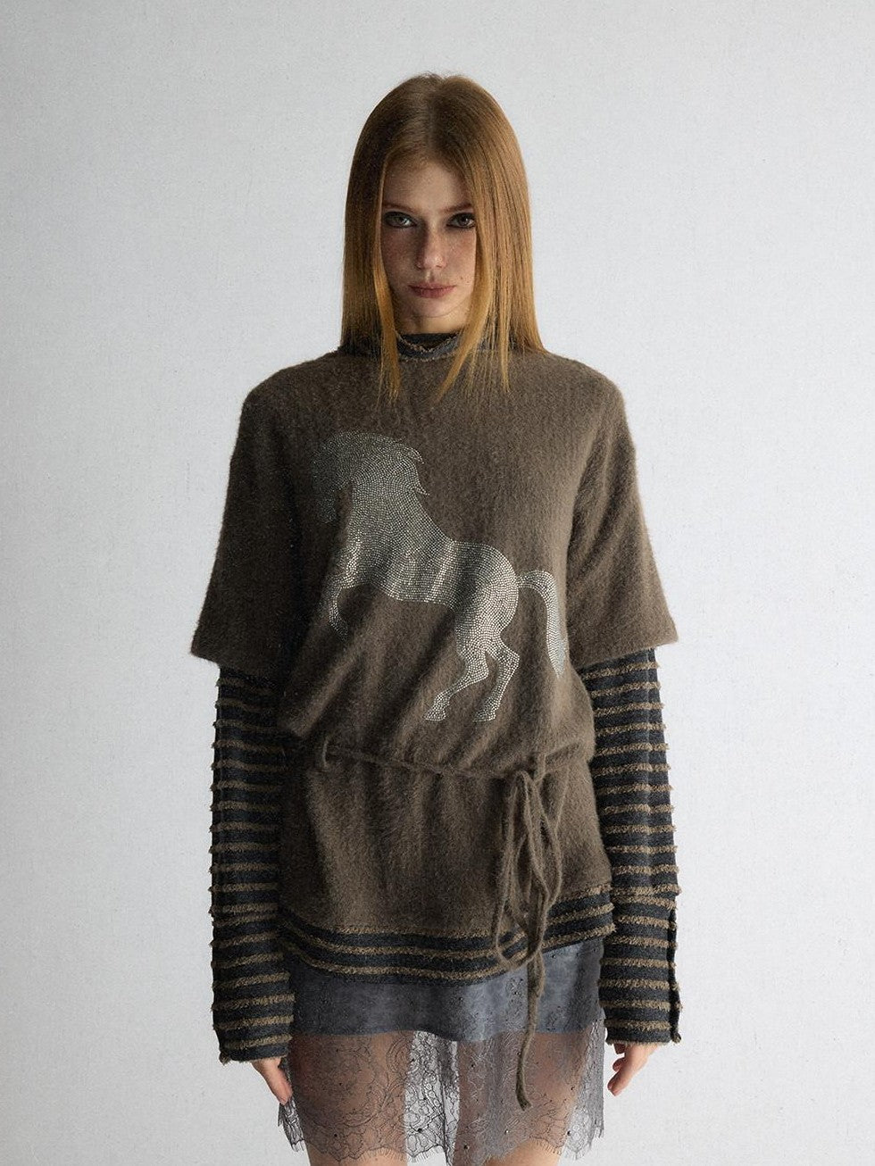 UNIVERSE Retro Pony Rhinestone Layered High Neck Women's Polyester Long Sleeve T-shirts