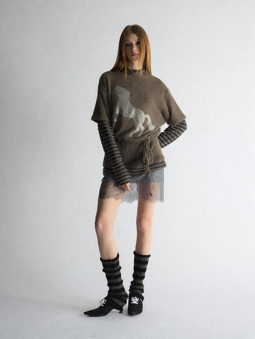 UNIVERSE Retro Pony Rhinestone Layered High Neck Women's Polyester Long Sleeve T-shirts