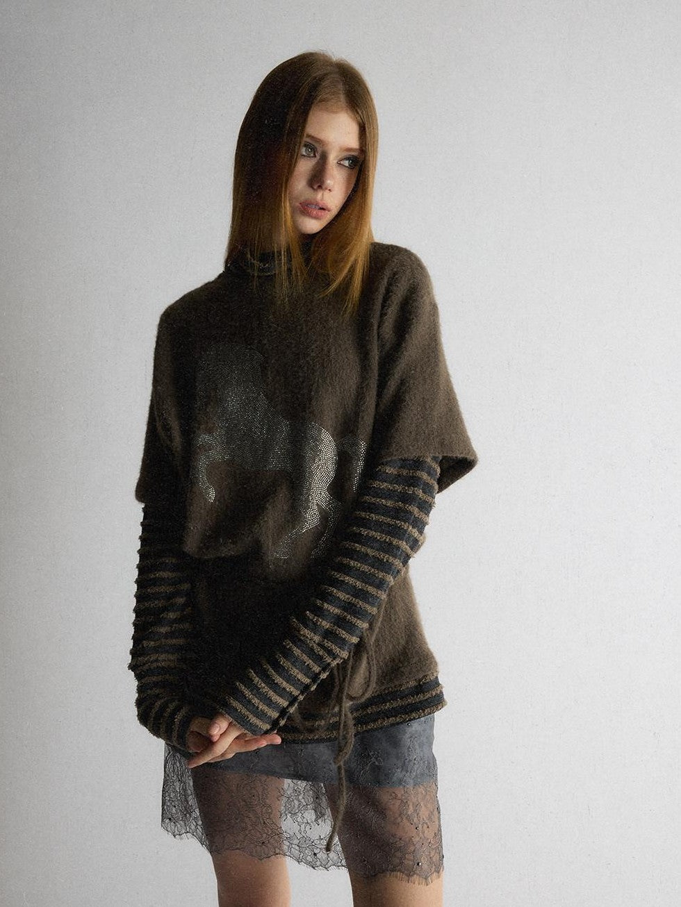 UNIVERSE Retro Pony Rhinestone Layered High Neck Women's Polyester Long Sleeve T-shirts
