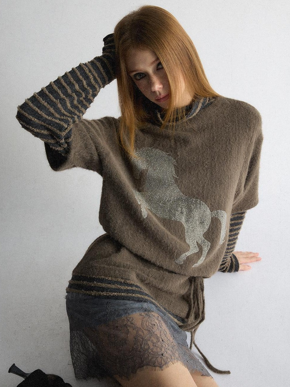 UNIVERSE Retro Pony Rhinestone Layered High Neck Women's Polyester Long Sleeve T-shirts