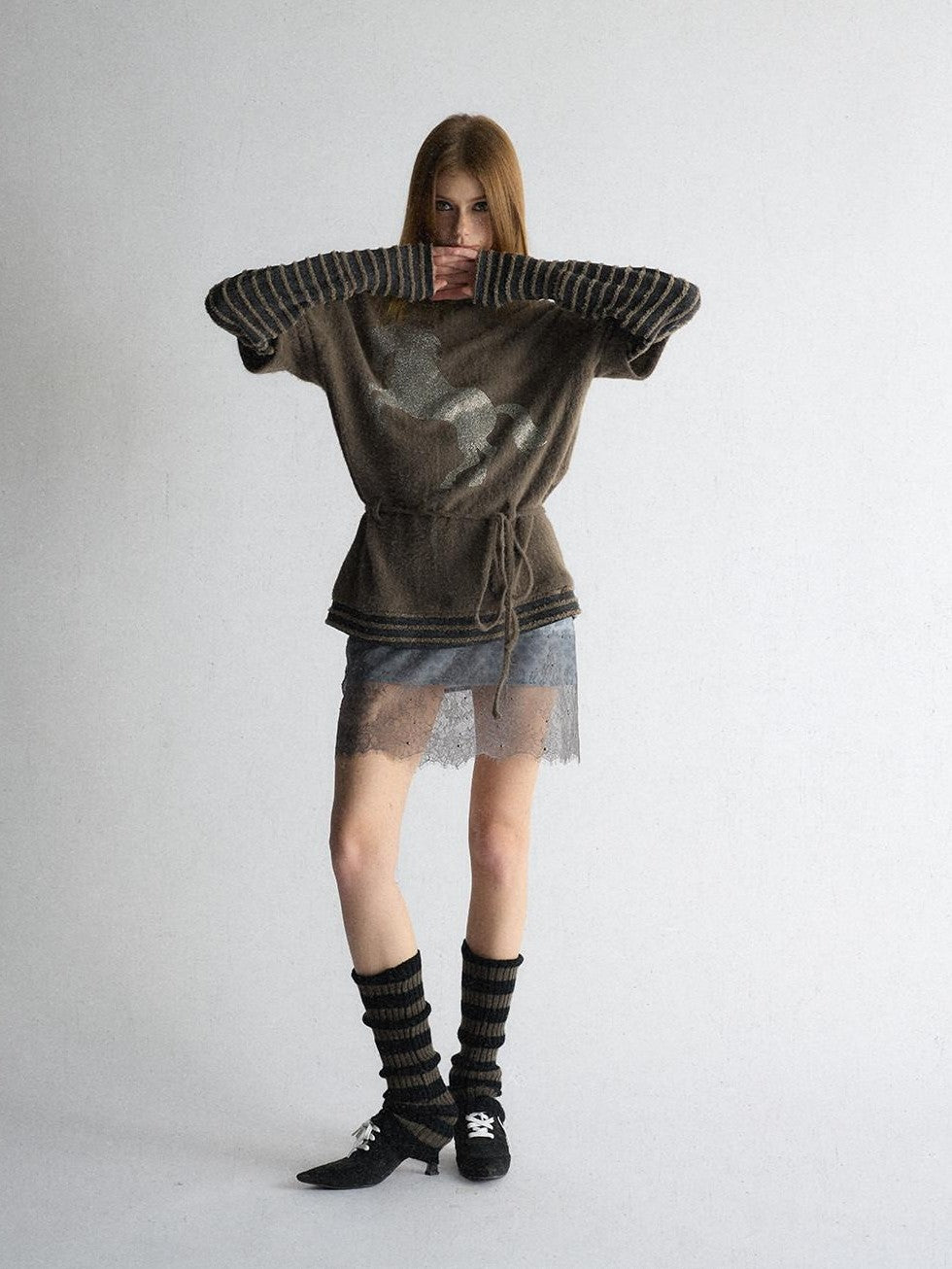 UNIVERSE Retro Pony Rhinestone Layered High Neck Women's Polyester Long Sleeve T-shirts