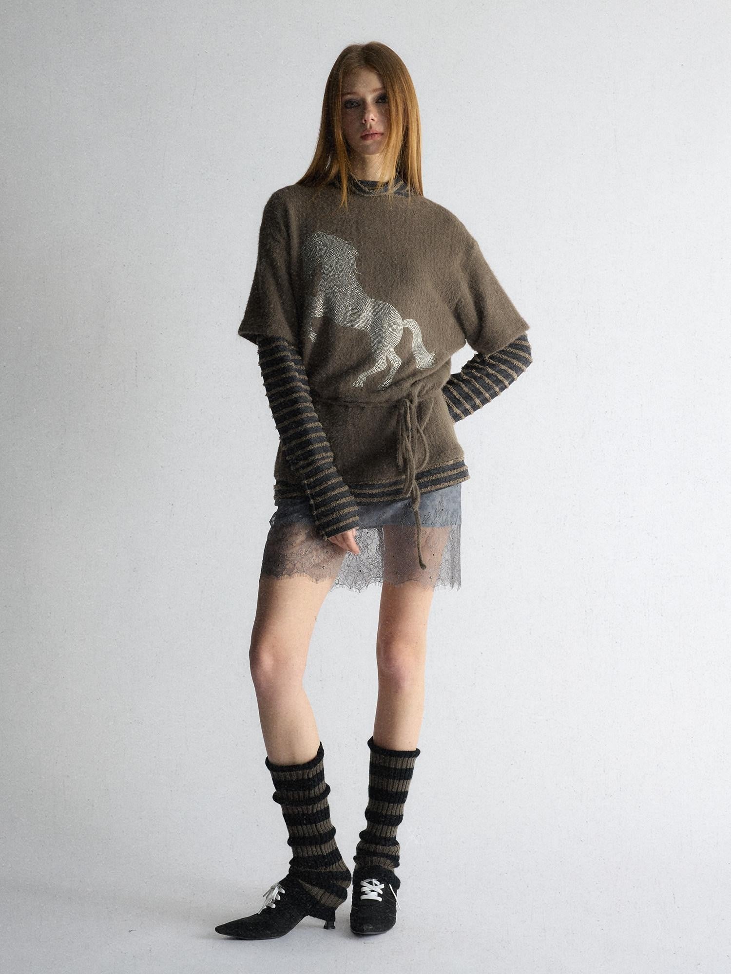 UNIVERSE Retro Pony Rhinestone Layered High Neck Women's Polyester Long Sleeve T-shirts