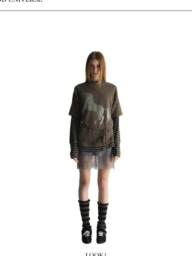 UNIVERSE Retro Pony Rhinestone Layered High Neck Women's Polyester Long Sleeve T-shirts