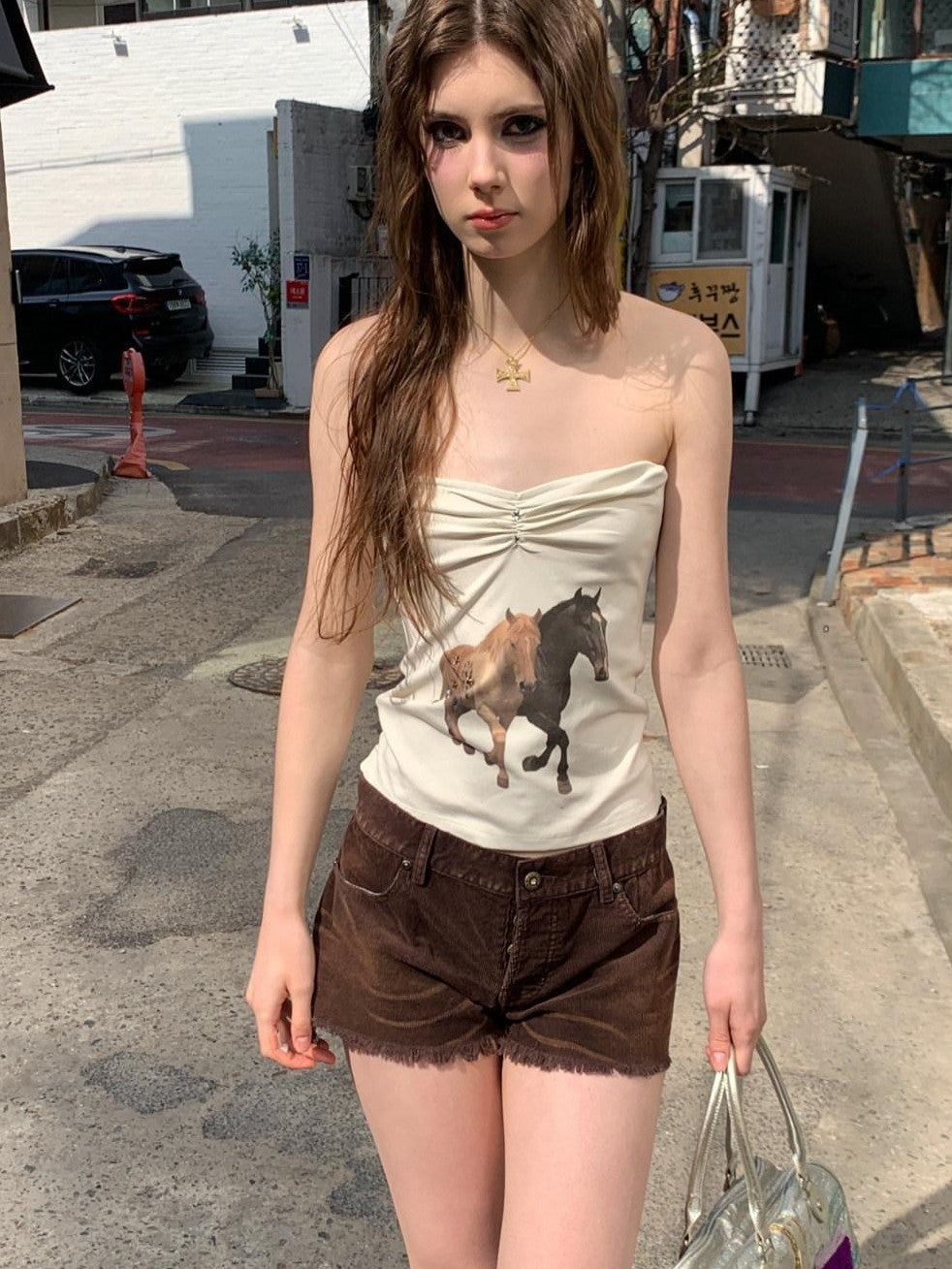 UNIVERSE Retro Vintage Pony American Print Slim Fitted Cropped Women's Tube Tops