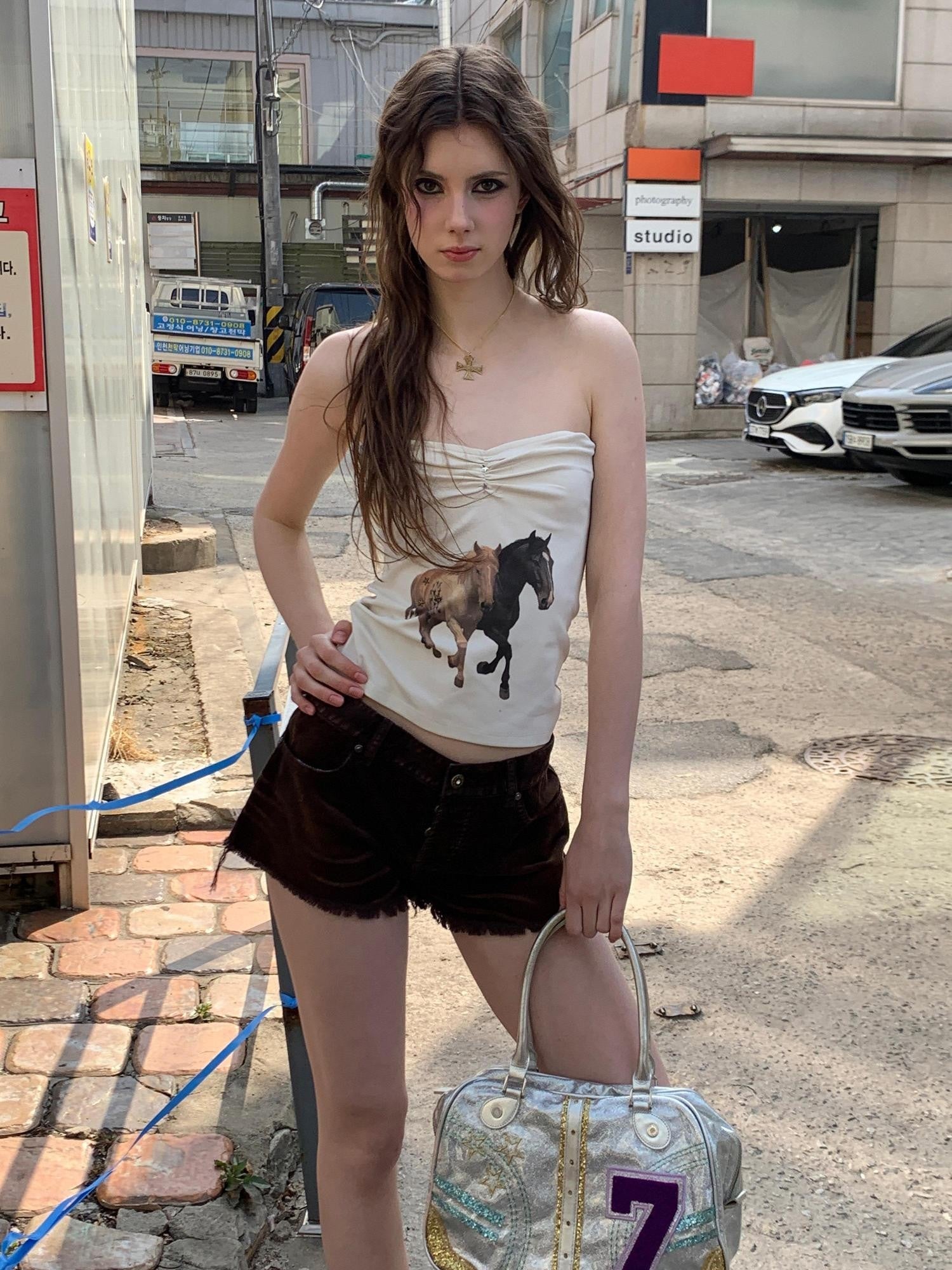 UNIVERSE Retro Vintage Pony American Print Slim Fitted Cropped Women's Tube Tops