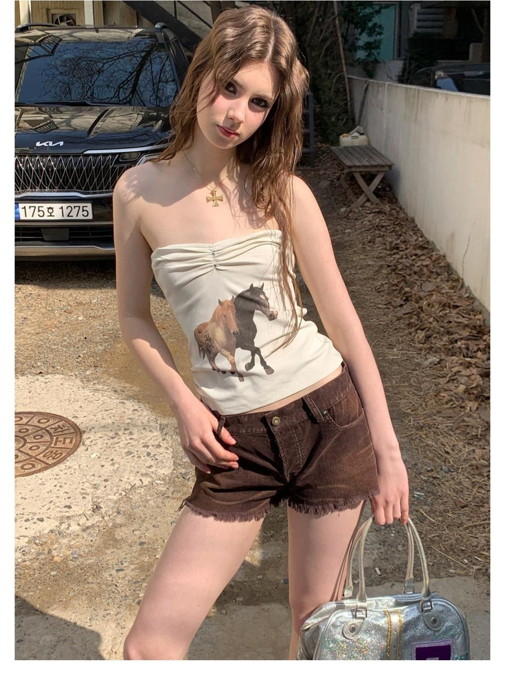 UNIVERSE Retro Vintage Pony American Print Slim Fitted Cropped Women's Tube Tops