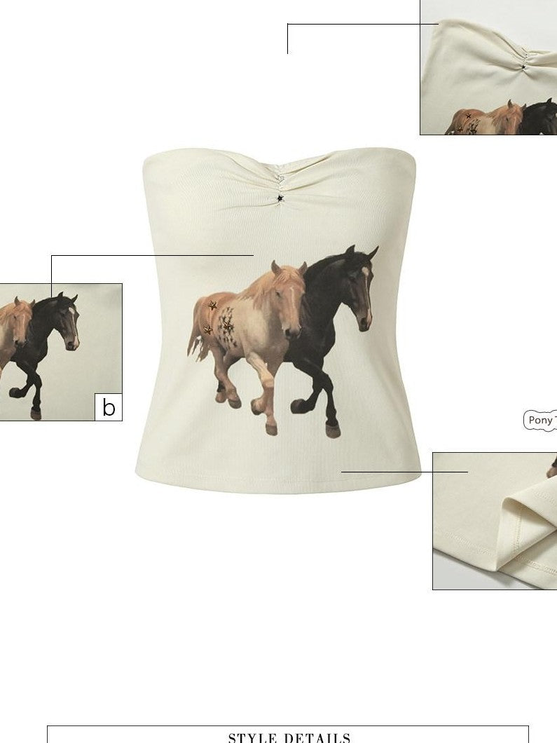 UNIVERSE Retro Vintage Pony American Print Slim Fitted Cropped Women's Tube Tops