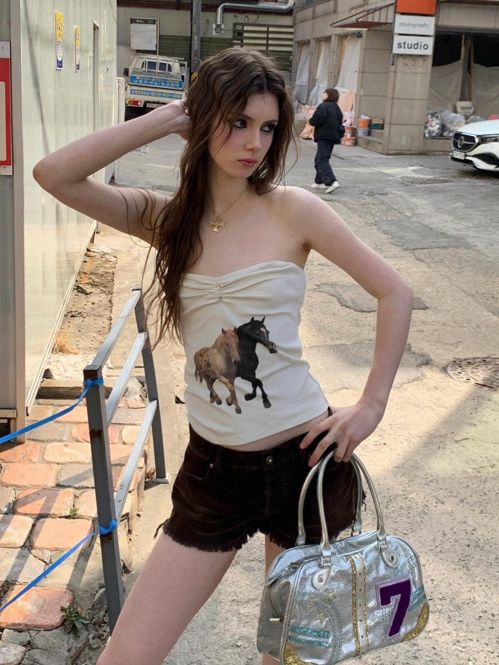 UNIVERSE Retro Vintage Pony American Print Slim Fitted Cropped Women's Tube Tops