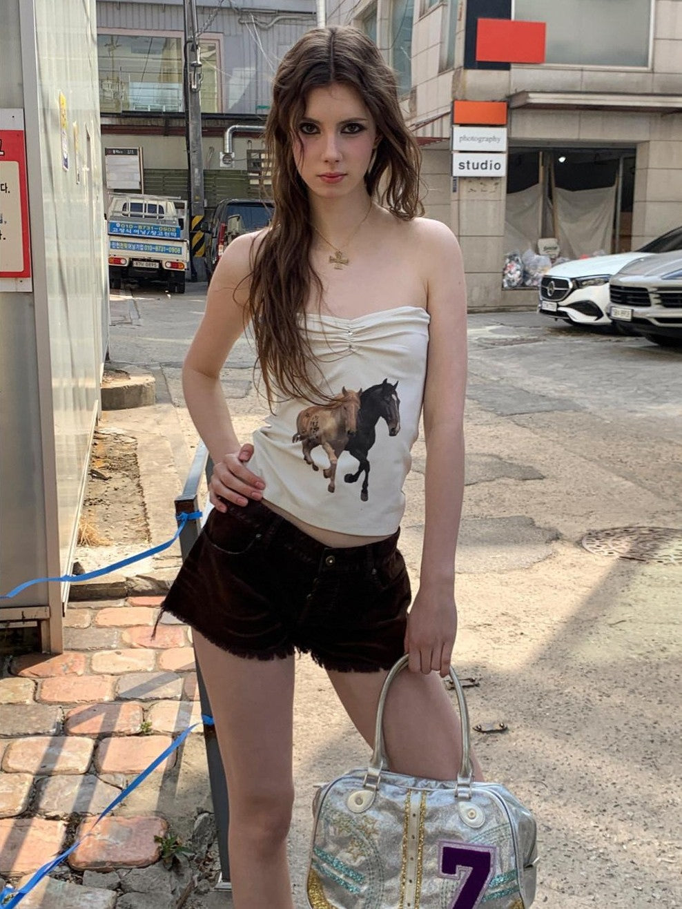 UNIVERSE Retro Vintage Pony American Print Slim Fitted Cropped Women's Tube Tops