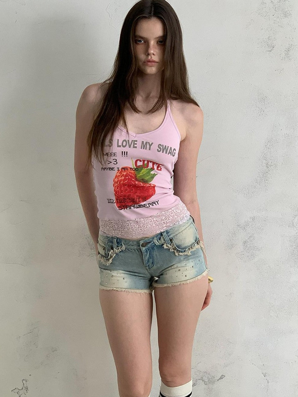 UNIVERSE Rhinestone Button Washed Ombre Raw Hem Low Rise Women's Cotton Denim Shorts