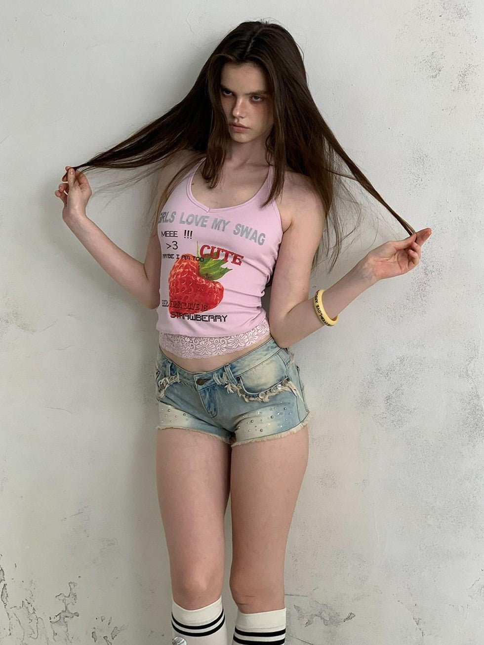 UNIVERSE Rhinestone Button Washed Ombre Raw Hem Low Rise Women's Cotton Denim Shorts