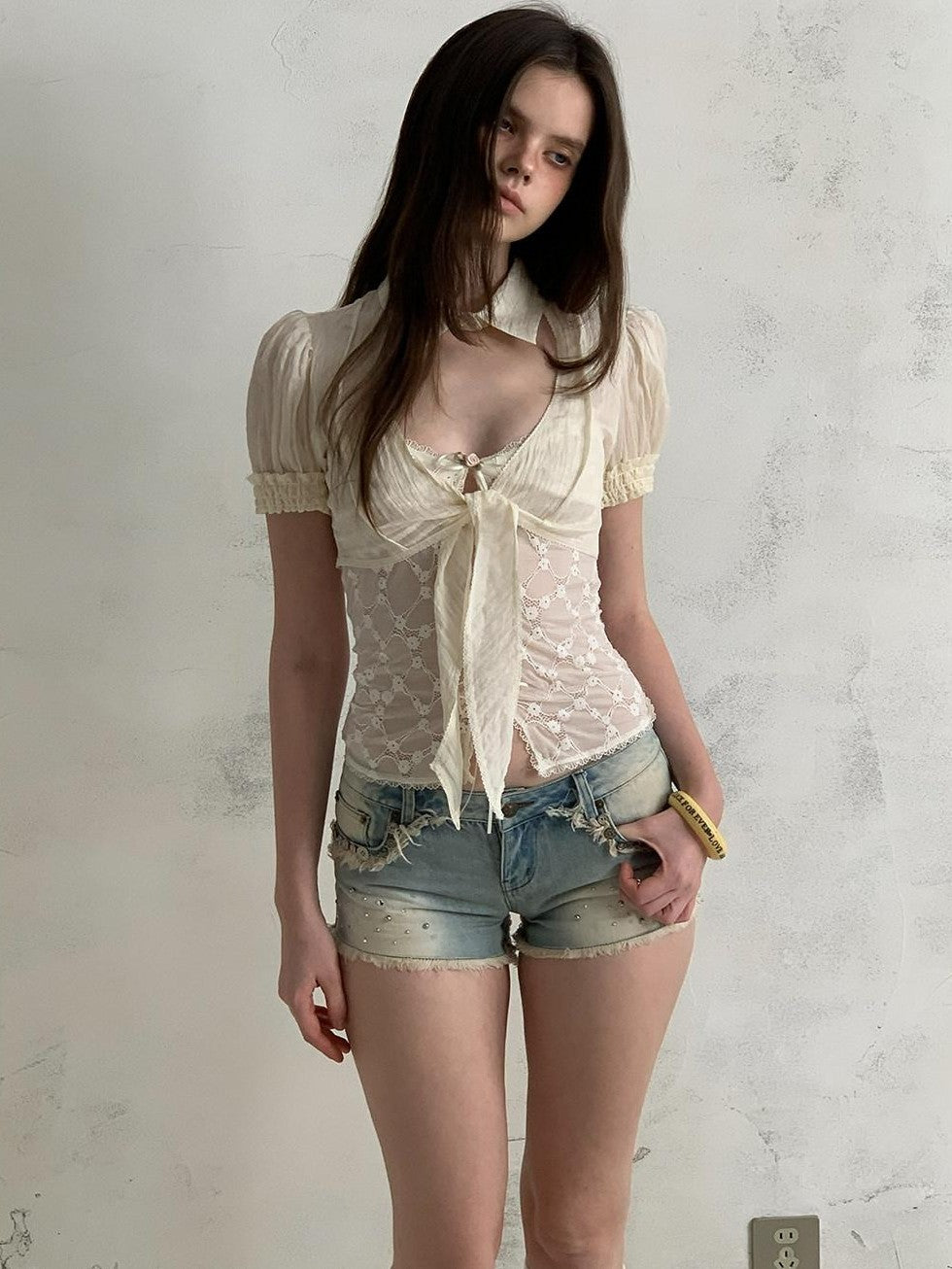UNIVERSE Rhinestone Button Washed Ombre Raw Hem Low Rise Women's Cotton Denim Shorts