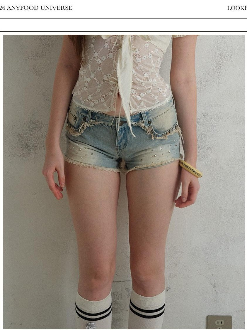 UNIVERSE Rhinestone Button Washed Ombre Raw Hem Low Rise Women's Cotton Denim Shorts