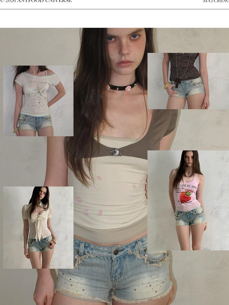 UNIVERSE Rhinestone Button Washed Ombre Raw Hem Low Rise Women's Cotton Denim Shorts