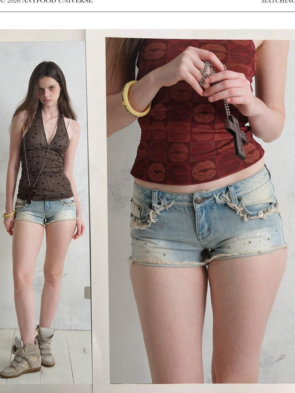 UNIVERSE Rhinestone Button Washed Ombre Raw Hem Low Rise Women's Cotton Denim Shorts