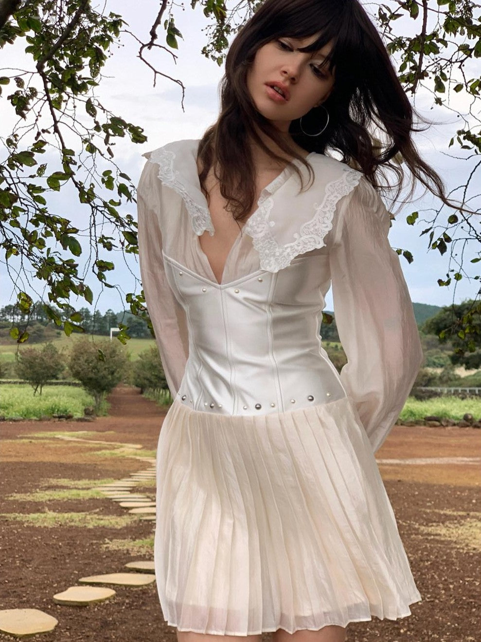 UNIVERSE Romantic Lace V-neck Satin Patchwork Women's Triacetate Corset Mini Dresses