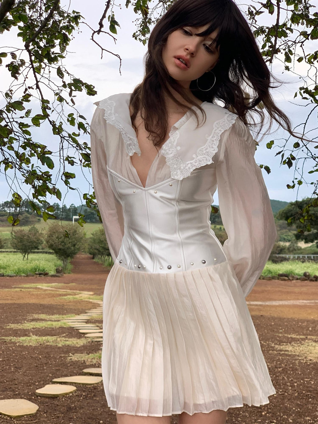 UNIVERSE Romantic Lace V-neck Satin Patchwork Women's Triacetate Corset Mini Dresses