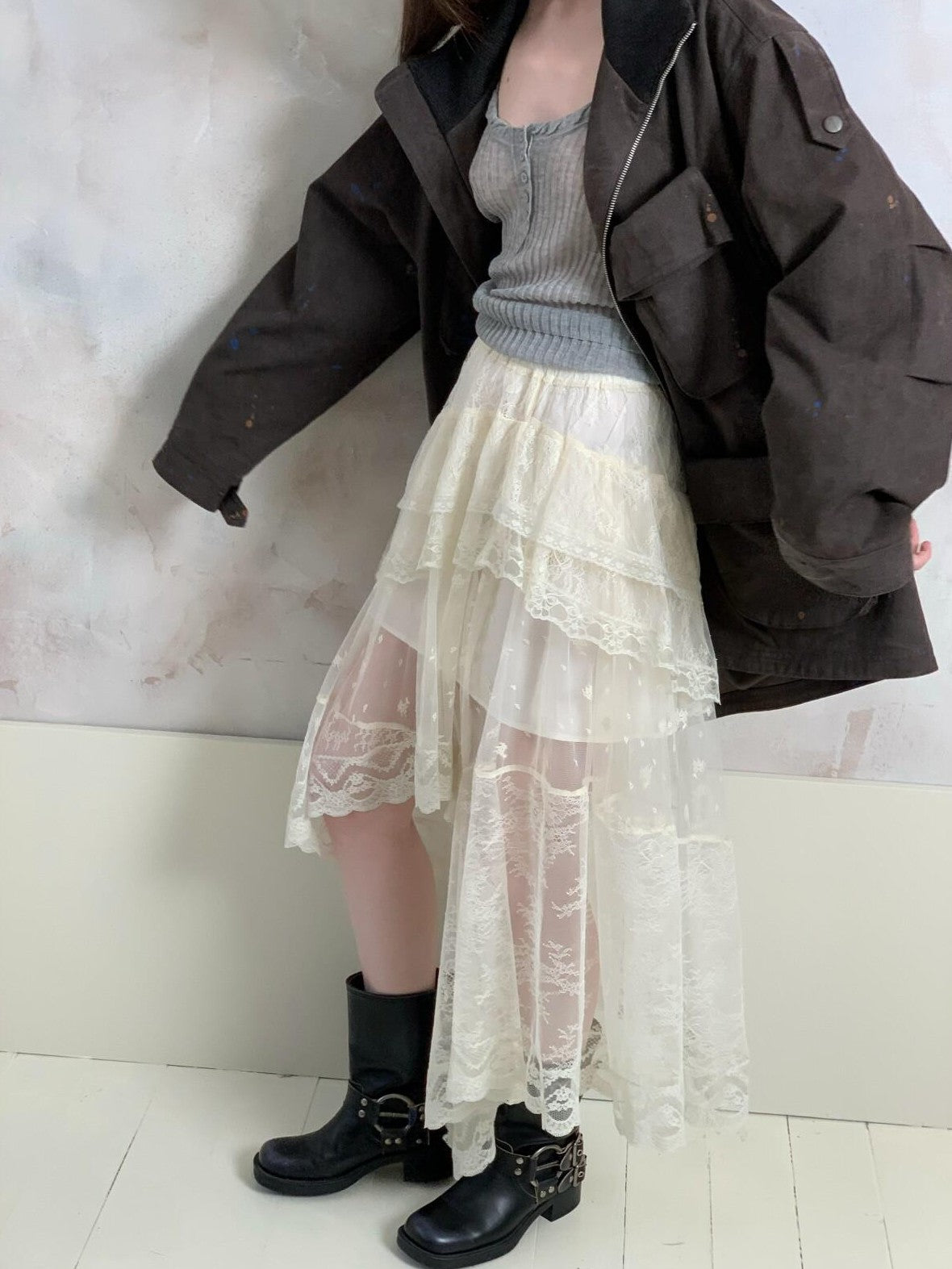 UNIVERSE Romantic Vintage Lace Asymmetric Deconstructed Women's Tulle Skirts