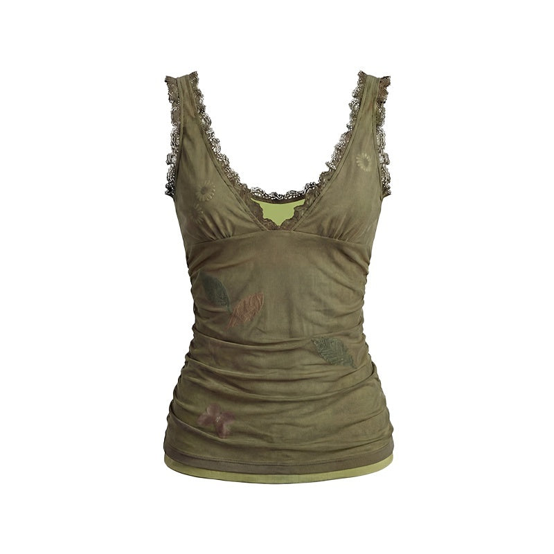 UNIVERSE_Sage_Green_Fibonacci_Daisy_Deep_V_Lace_Ruffle_Waist_Women's_Mesh_Camisoles_1039540320513_MISSTT