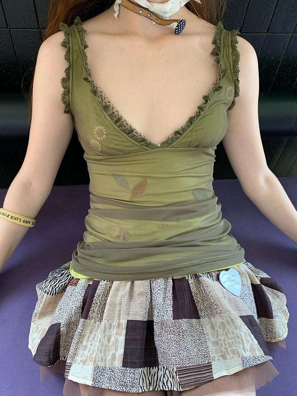 UNIVERSE Sage Green Fibonacci Daisy Deep V Lace Ruffle Waist Women's Mesh Camisoles