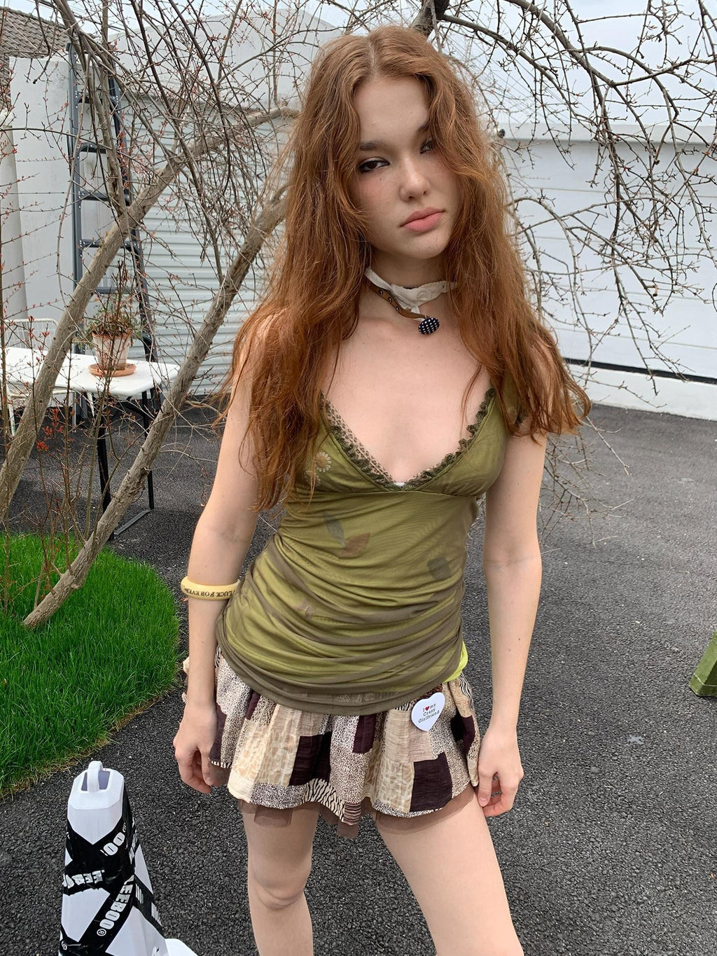 UNIVERSE Sage Green Fibonacci Daisy Deep V Lace Ruffle Waist Women's Mesh Camisoles