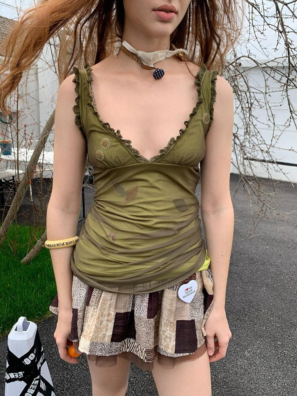 UNIVERSE Sage Green Fibonacci Daisy Deep V Lace Ruffle Waist Women's Mesh Camisoles