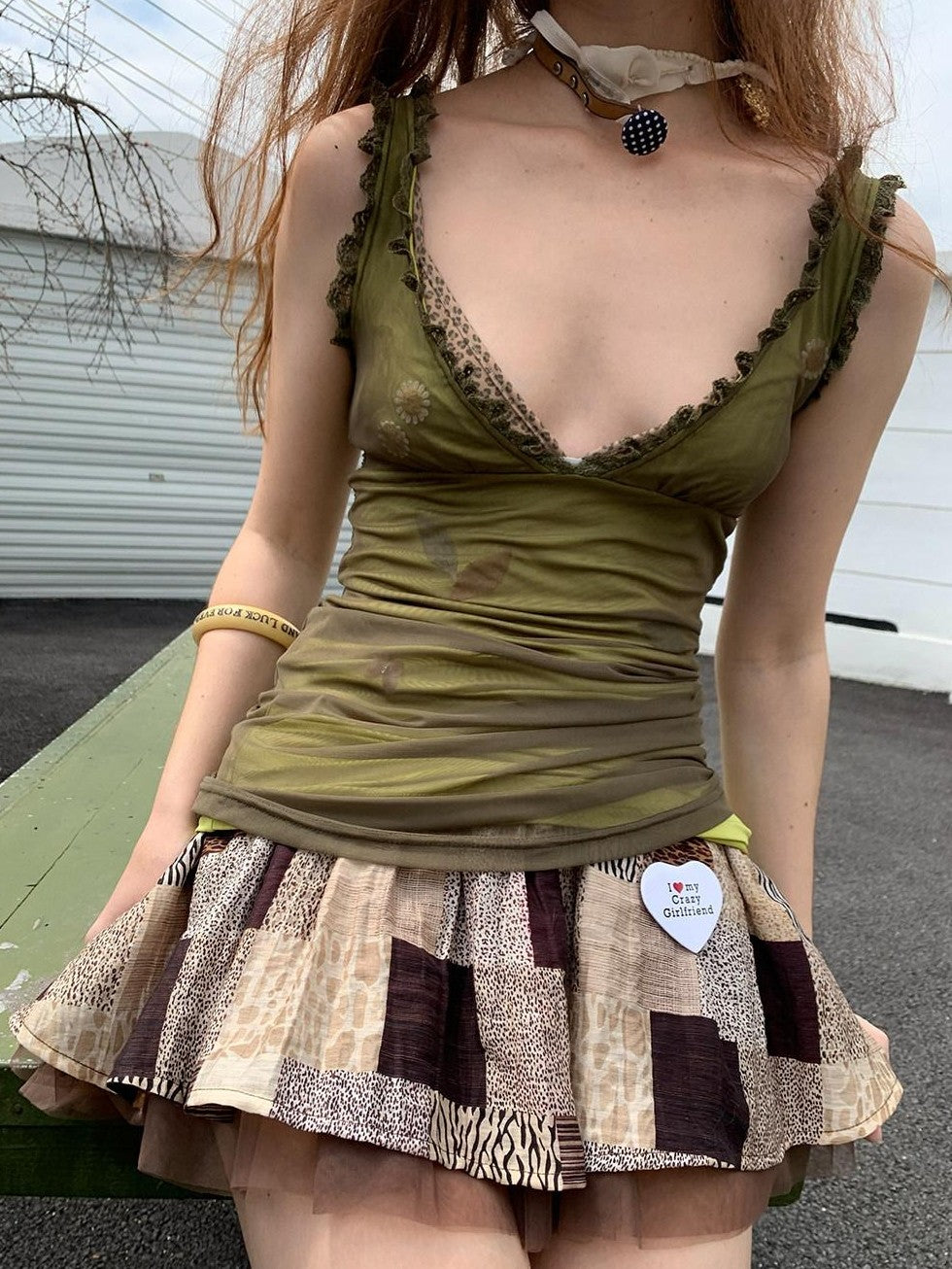 UNIVERSE Sage Green Fibonacci Daisy Deep V Lace Ruffle Waist Women's Mesh Camisoles