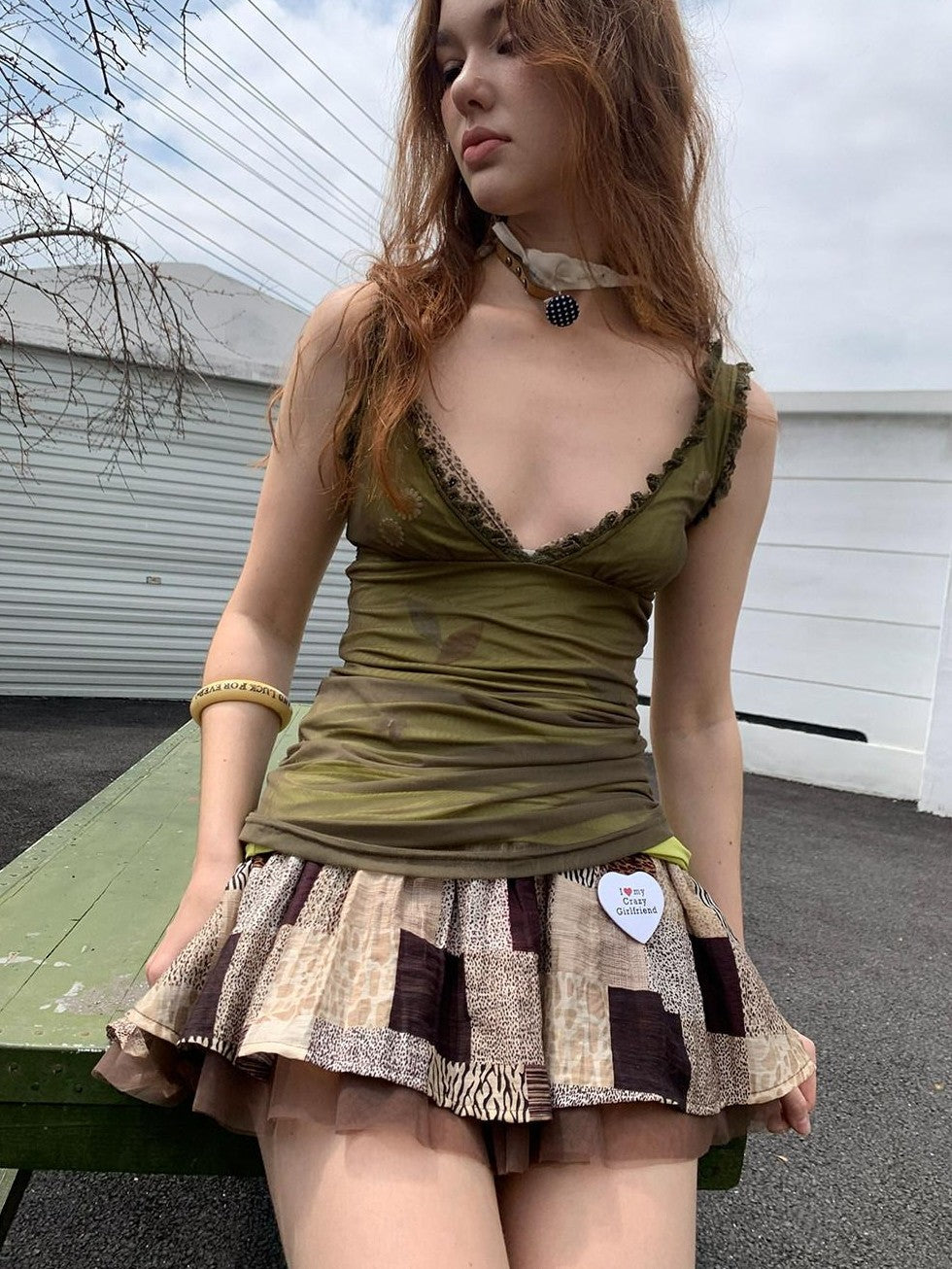 UNIVERSE Sage Green Fibonacci Daisy Deep V Lace Ruffle Waist Women's Mesh Camisoles