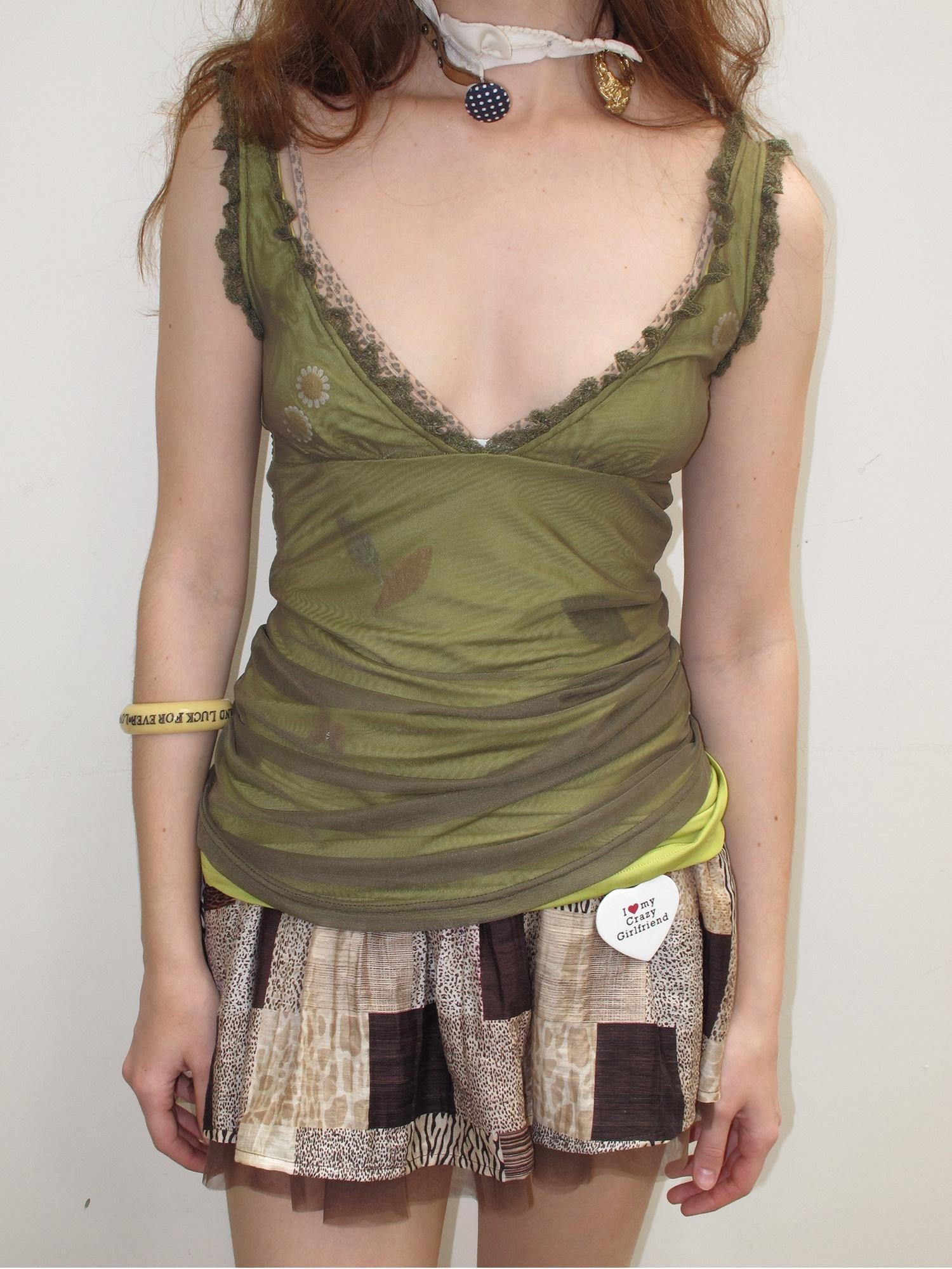 UNIVERSE Sage Green Fibonacci Daisy Deep V Lace Ruffle Waist Women's Mesh Camisoles