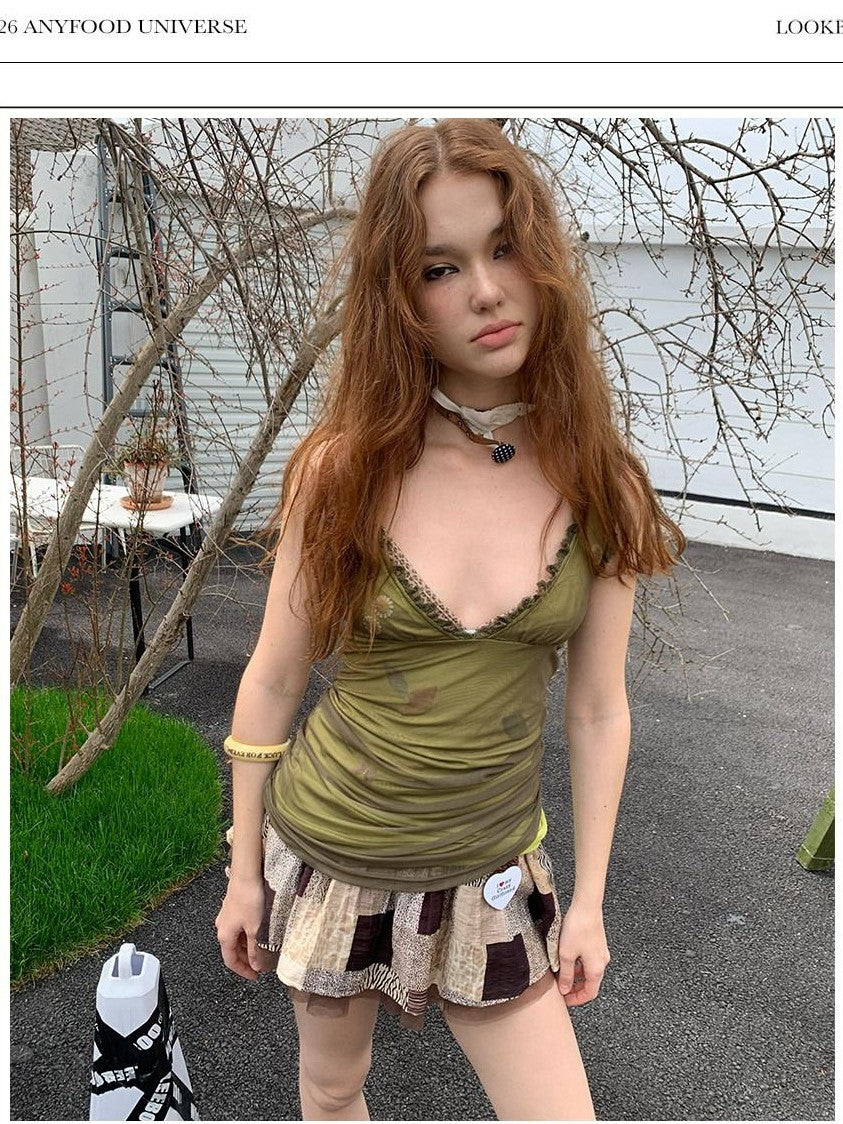 UNIVERSE Sage Green Fibonacci Daisy Deep V Lace Ruffle Waist Women's Mesh Camisoles