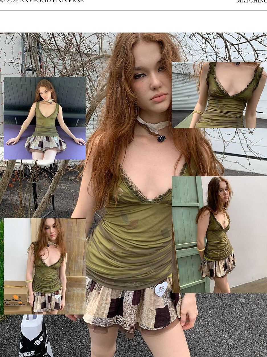UNIVERSE Sage Green Fibonacci Daisy Deep V Lace Ruffle Waist Women's Mesh Camisoles
