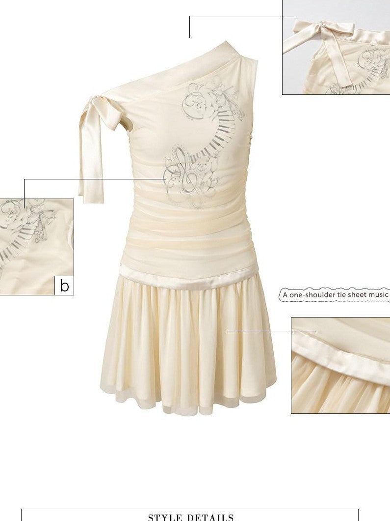 UNIVERSE Salmon Sheet Music Print Asymmetrical Tie Women's Off-shoulder Mini Dresses