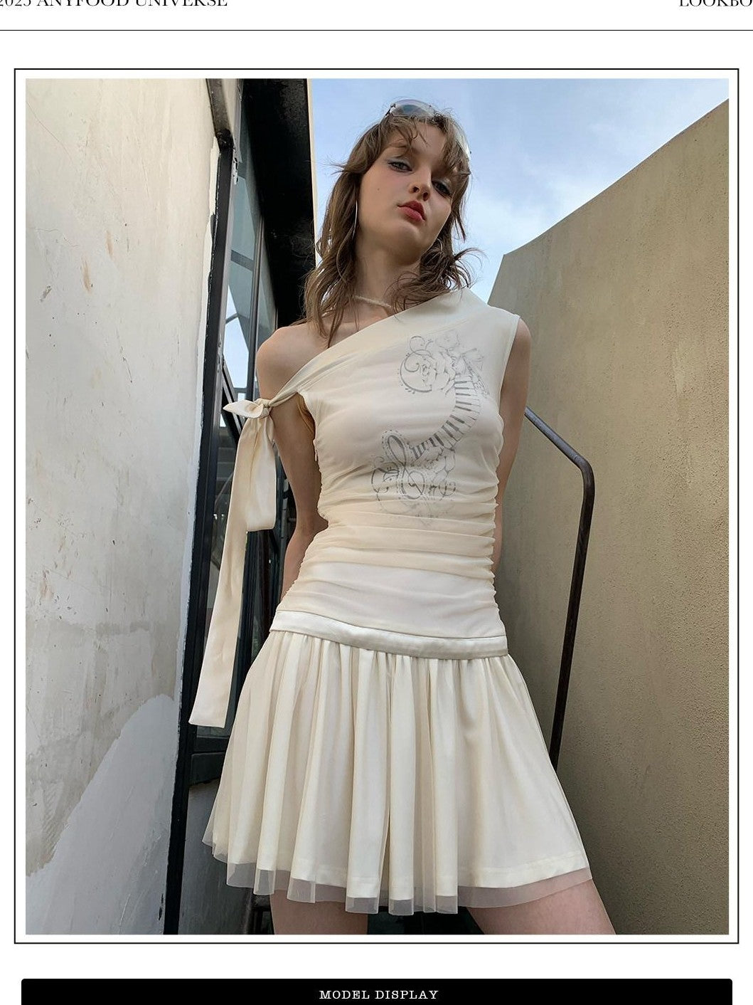UNIVERSE Salmon Sheet Music Print Asymmetrical Tie Women's Off-shoulder Mini Dresses