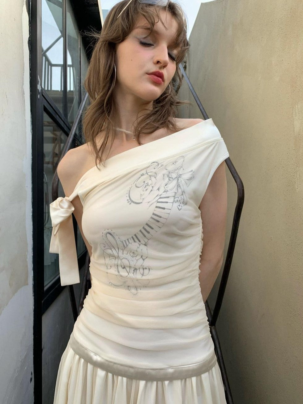 UNIVERSE Salmon Sheet Music Print Asymmetrical Tie Women's Off-shoulder Mini Dresses