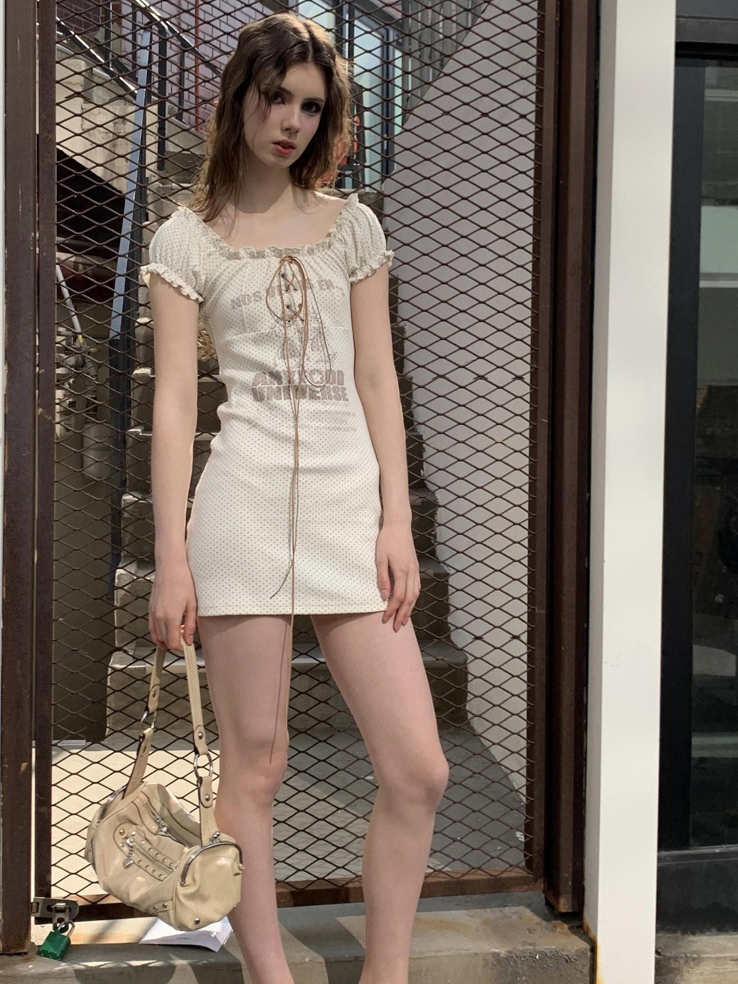 UNIVERSE Salt Vintage Polka Dot Playful Short Sleeve Women's Cotton Casual Mini Dresses