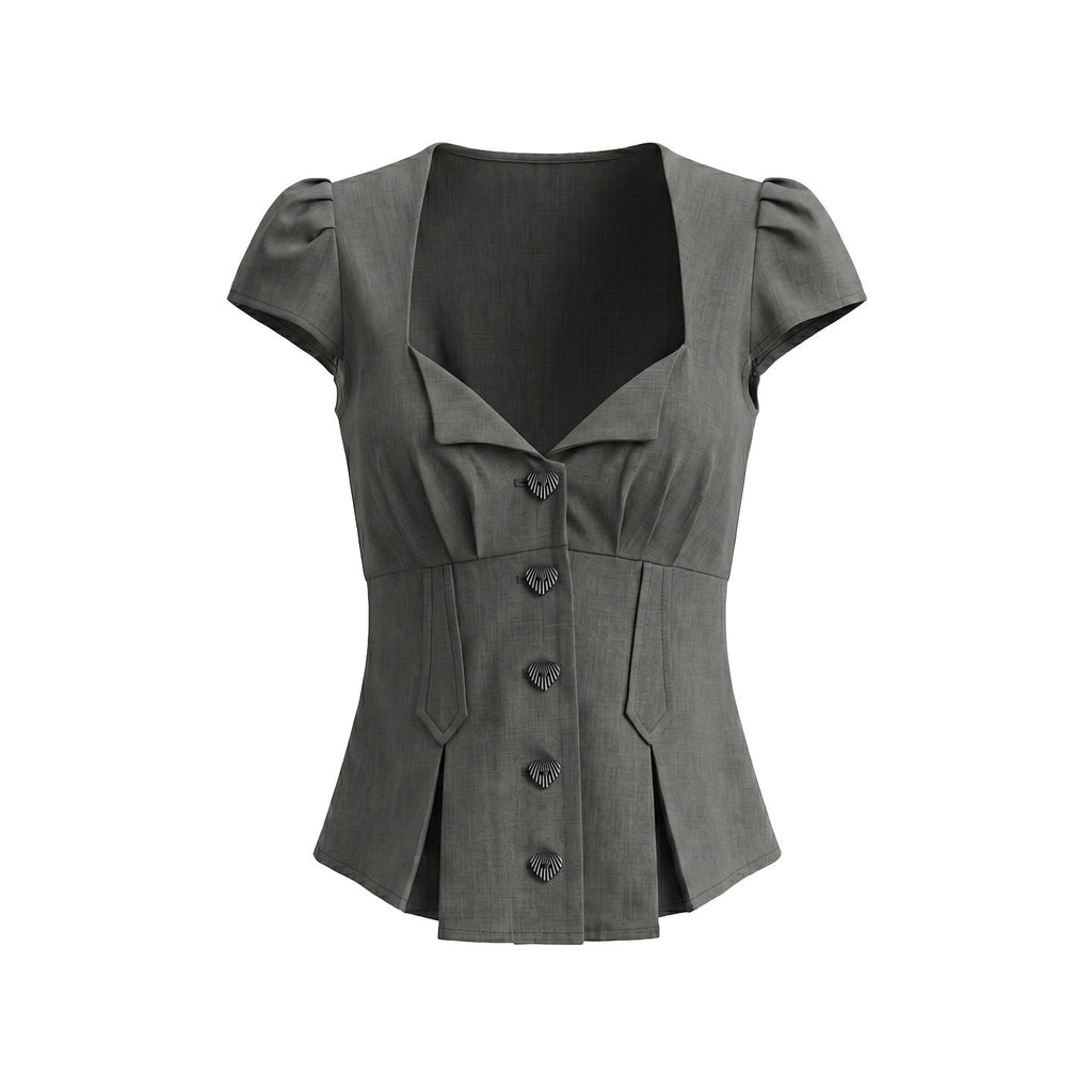 UNIVERSE_Sculptural_Deep_V_Puff_Sleeve_Wrapped_Buttons_Slim_Women's_Polyester_Shirts_1054050677368_MISSTT