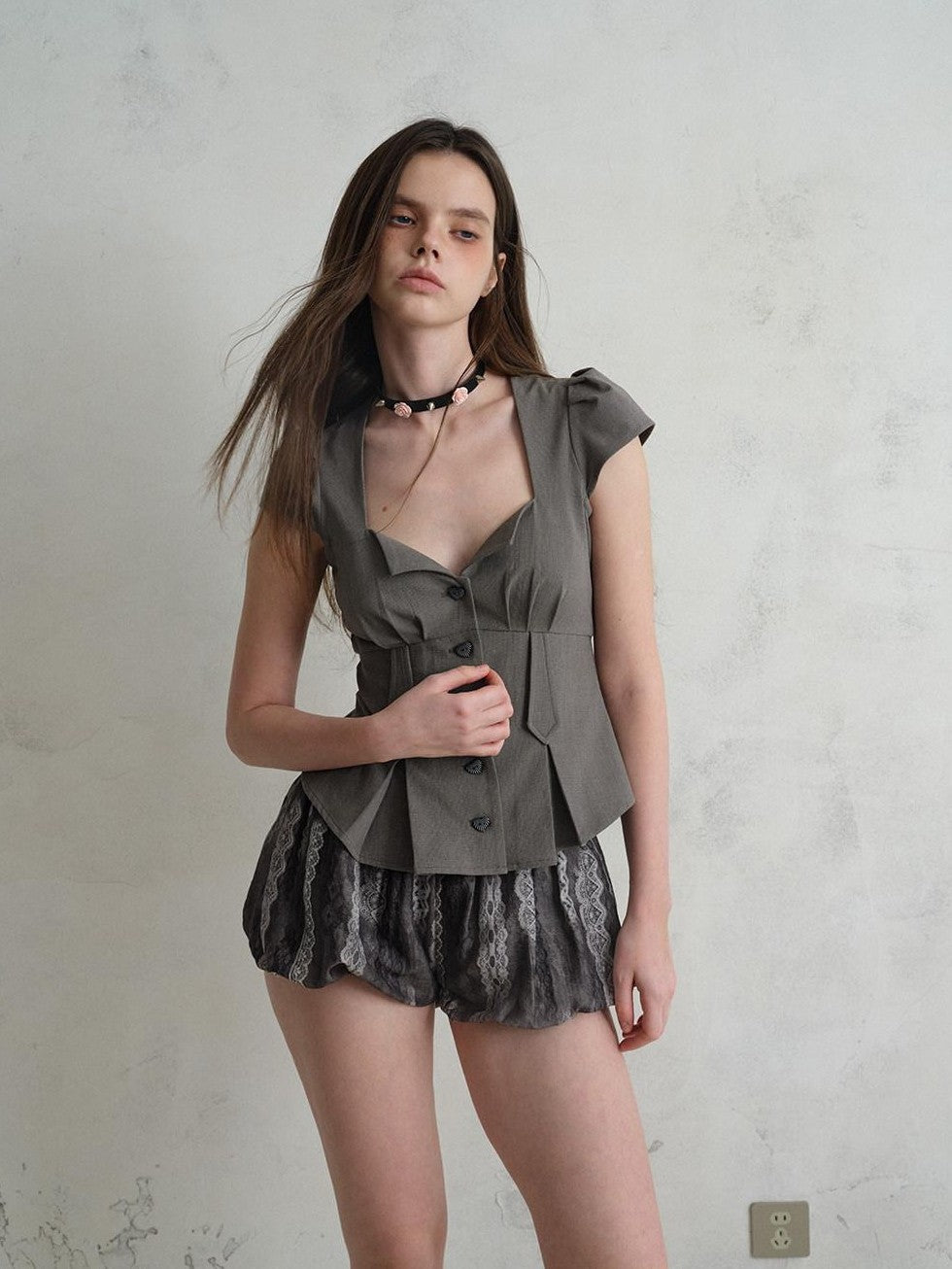UNIVERSE Sculptural Deep V Puff Sleeve Wrapped Buttons Slim Women's Polyester Shirts