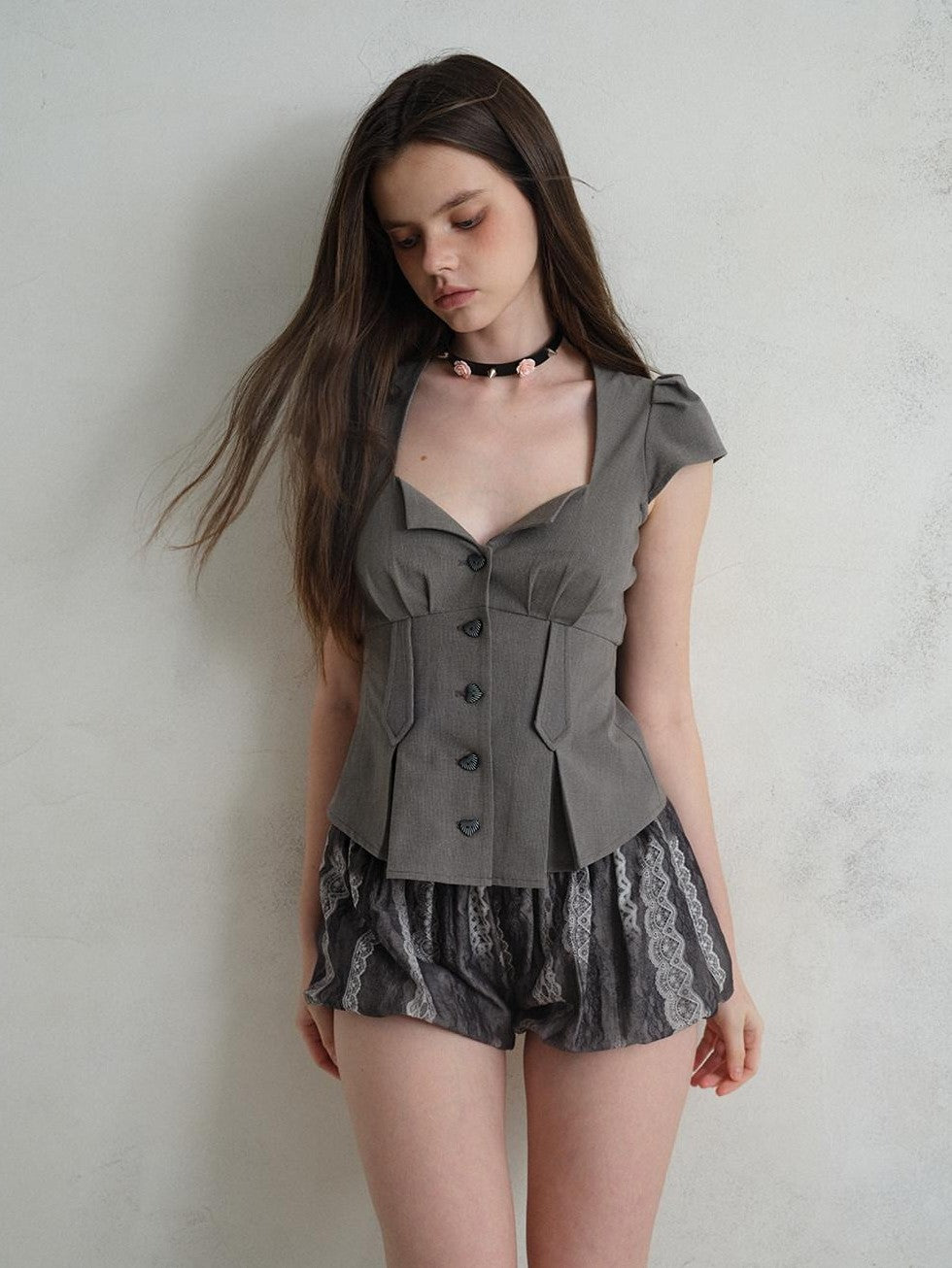UNIVERSE Sculptural Deep V Puff Sleeve Wrapped Buttons Slim Women's Polyester Shirts