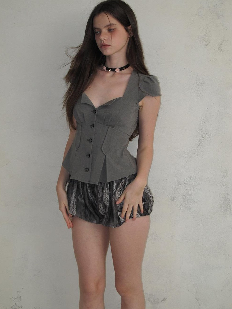 UNIVERSE Sculptural Deep V Puff Sleeve Wrapped Buttons Slim Women's Polyester Shirts