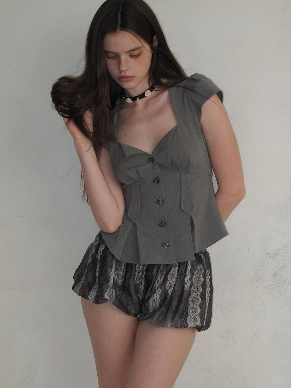 UNIVERSE Sculptural Deep V Puff Sleeve Wrapped Buttons Slim Women's Polyester Shirts