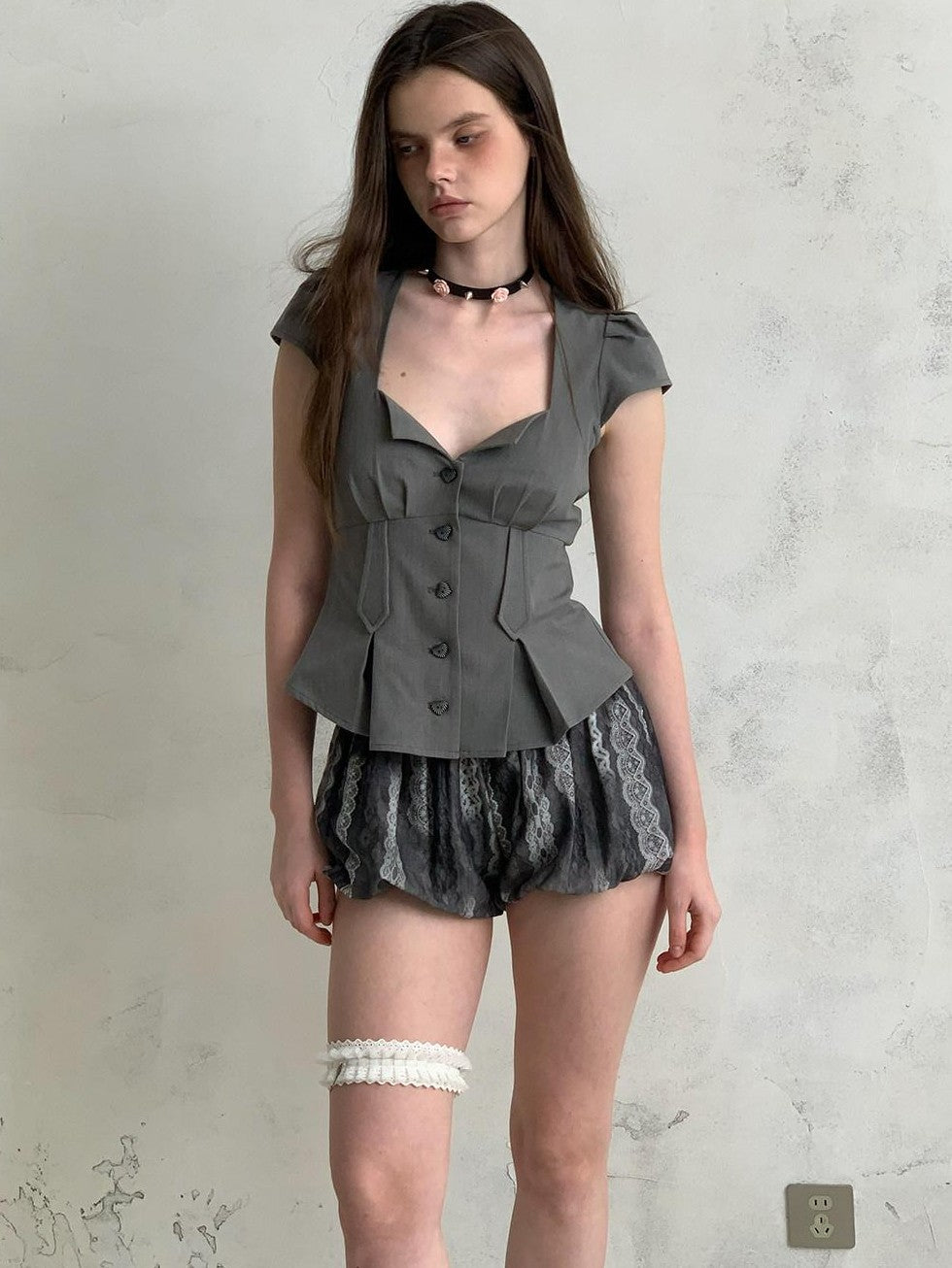 UNIVERSE Sculptural Deep V Puff Sleeve Wrapped Buttons Slim Women's Polyester Shirts