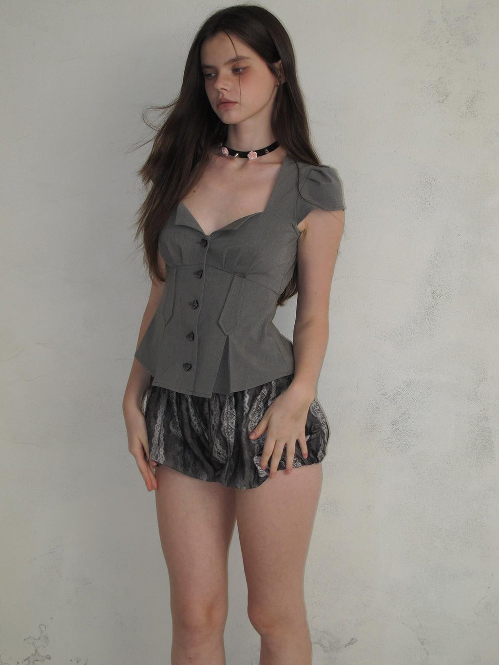 UNIVERSE Sculptural Deep V Puff Sleeve Wrapped Buttons Slim Women's Polyester Shirts