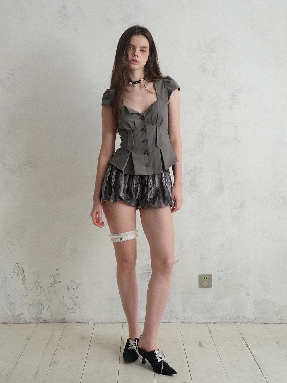 UNIVERSE Sculptural Deep V Puff Sleeve Wrapped Buttons Slim Women's Polyester Shirts